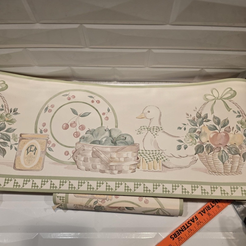 4 Vtg Goose Wallpaper Border Rolls Tea Cherries Apples Green Bow Gingham Basket